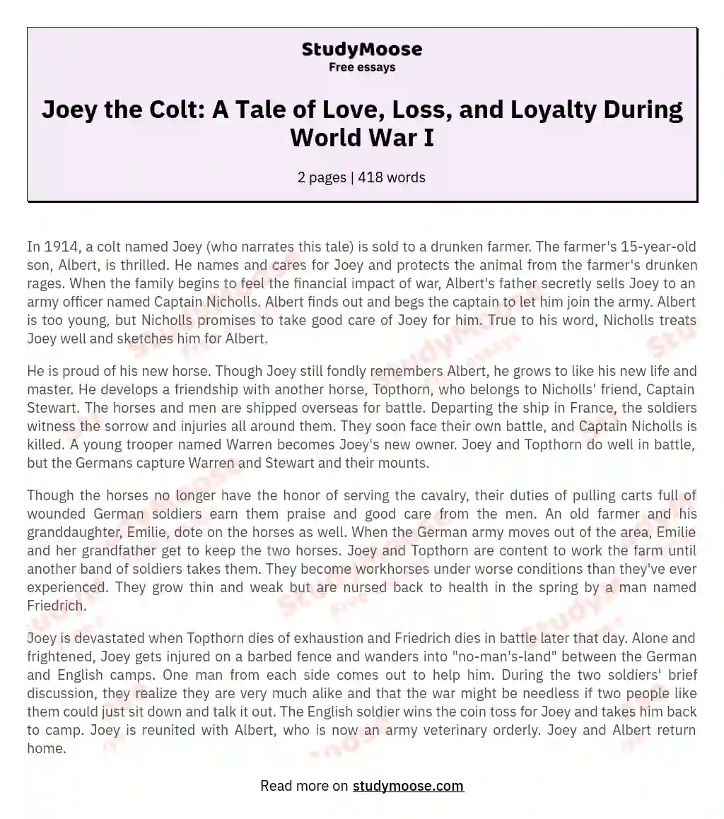 Joey the Colt: A Tale of Love, Loss, and Loyalty During World War I essay