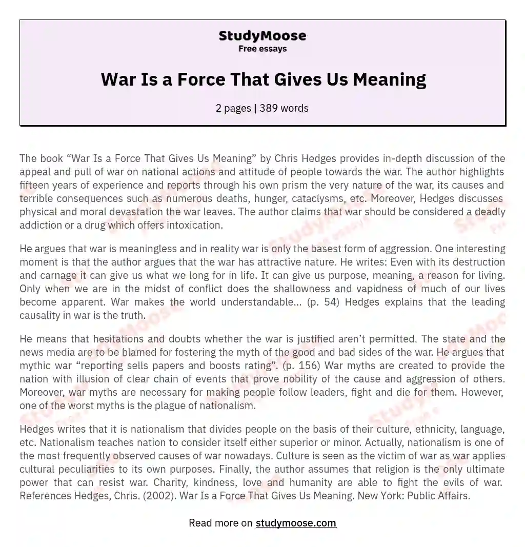 War Is a Force That Gives Us Meaning essay