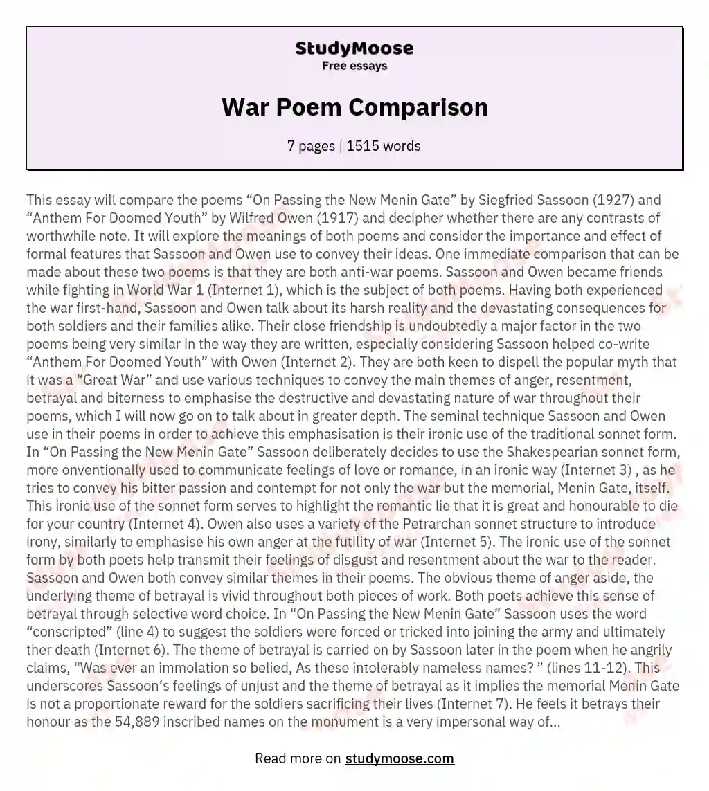 War Poem Comparison essay