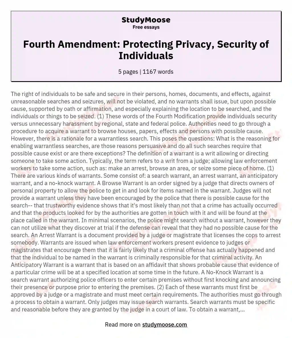 Fourth Amendment: Protecting Privacy, Security of Individuals essay