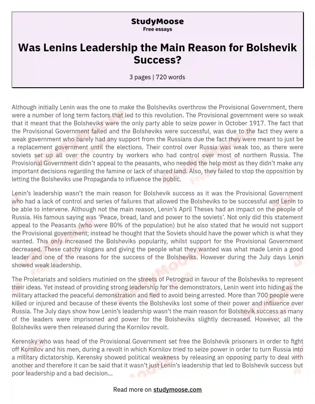 Was Lenins Leadership the Main Reason for Bolshevik Success? essay