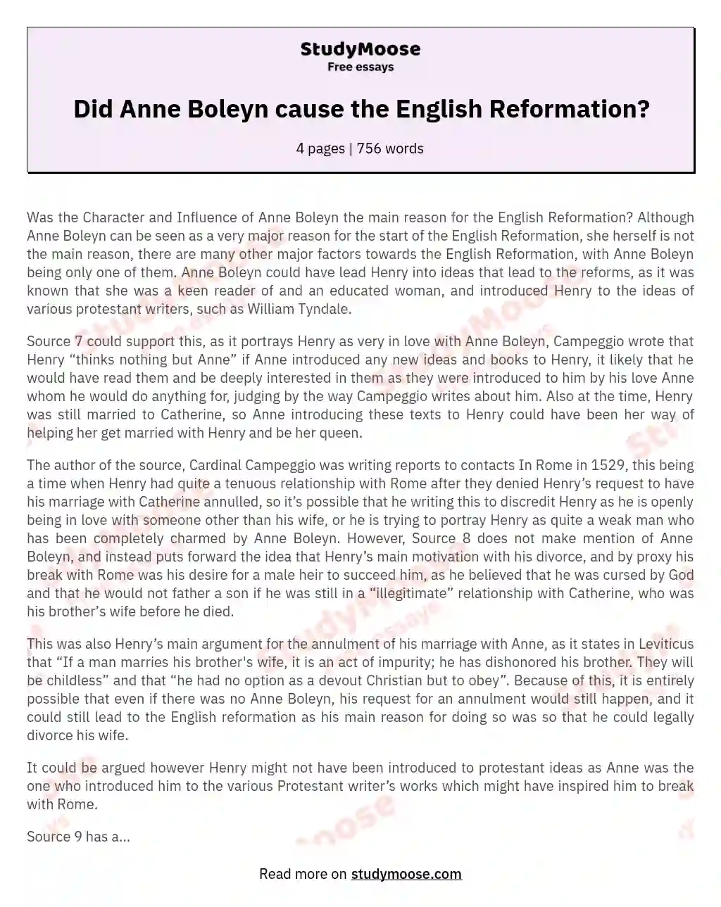 Was the Character and Influence of Anne Boleyn the main reason for the English Reformation?