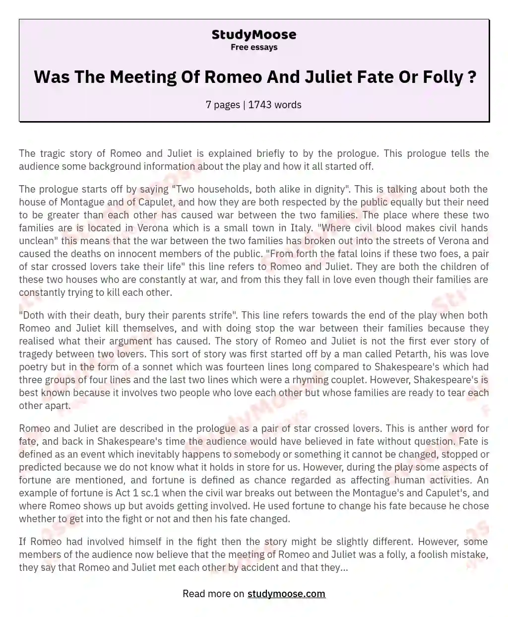 Was The Meeting Of Romeo And Juliet Fate Or Folly ? essay