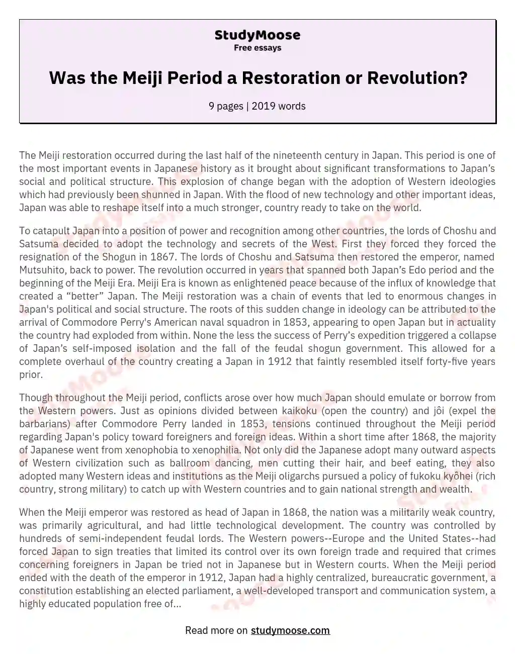 Was the Meiji Period a Restoration or Revolution? essay