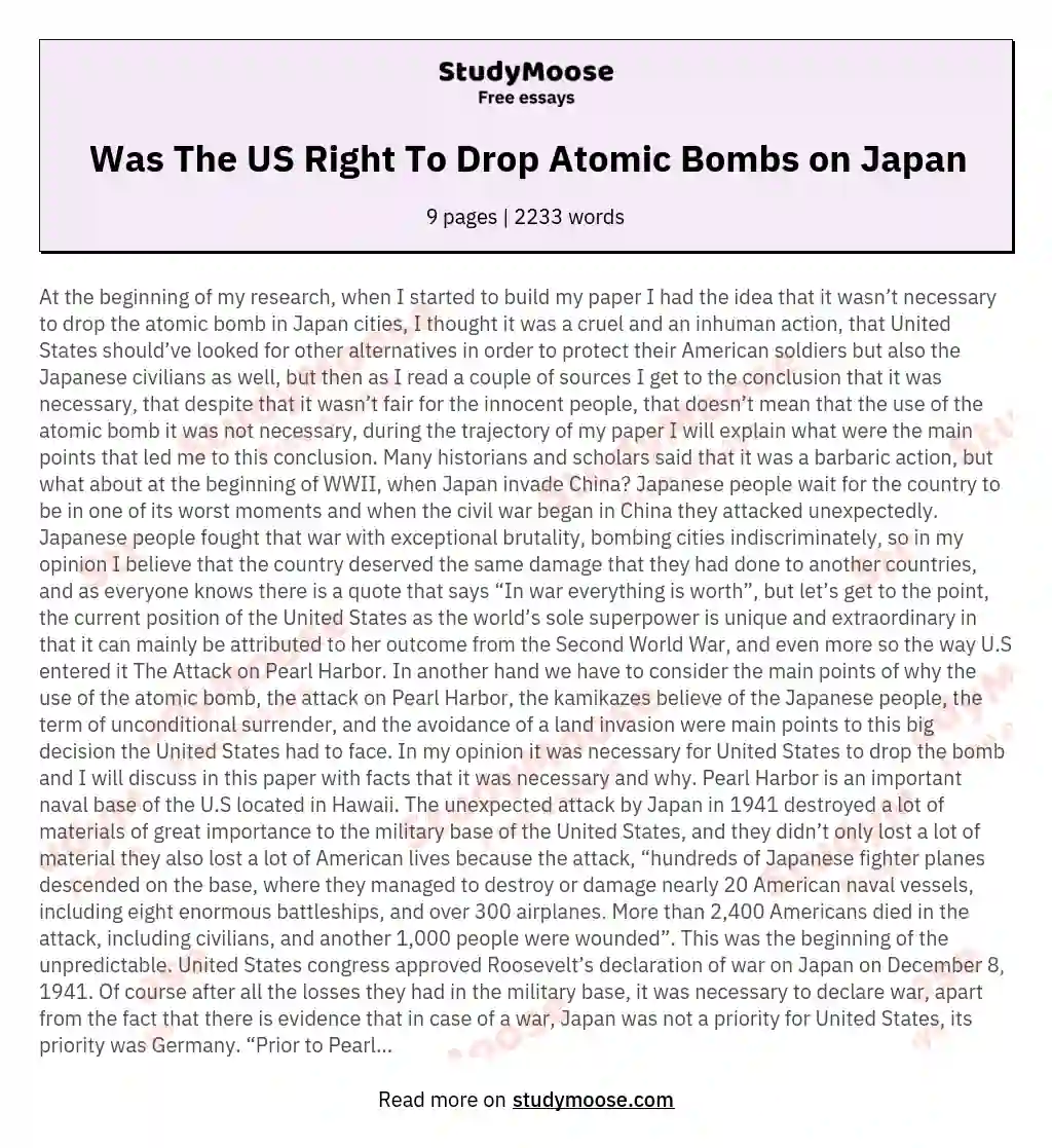 Was The US Right To Drop Atomic Bombs on Japan essay