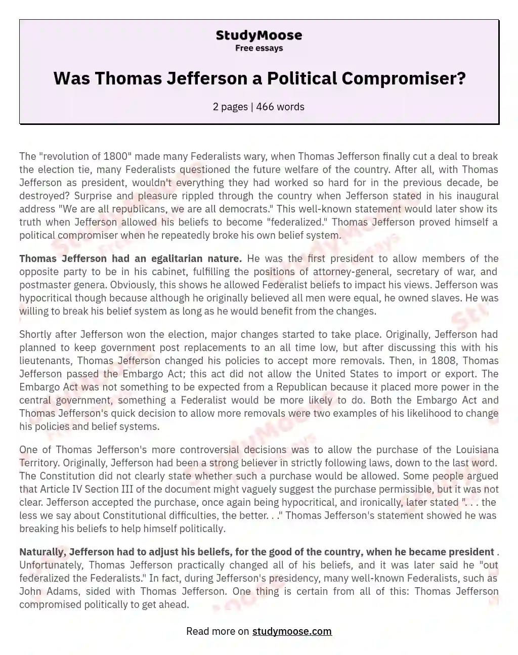 Was Thomas Jefferson a Political Compromiser? essay