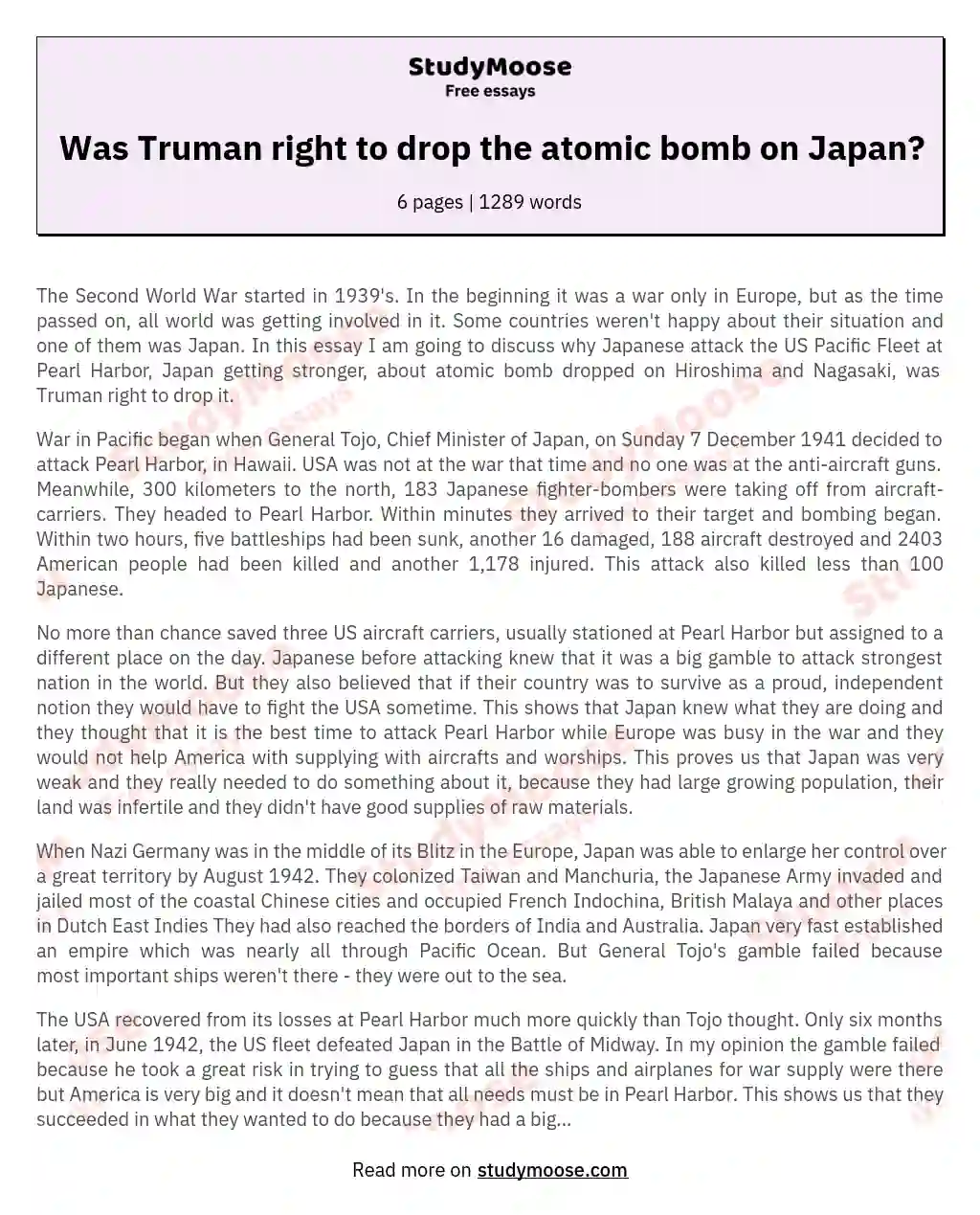 Was Truman right to drop the atomic bomb on Japan? essay