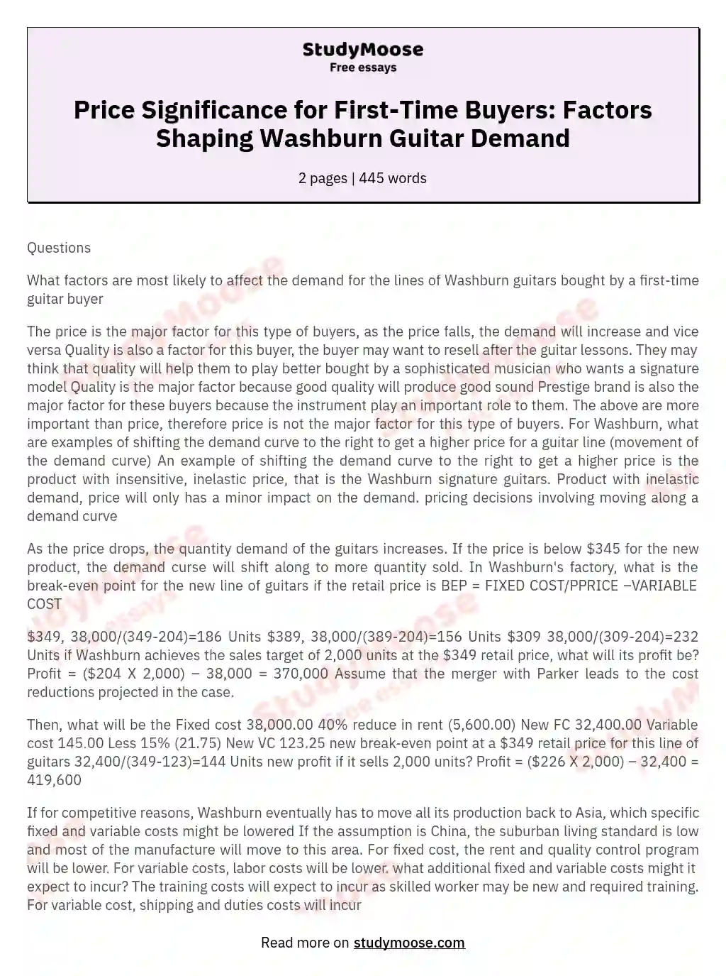 Price Significance for First-Time Buyers: Factors Shaping Washburn Guitar Demand essay