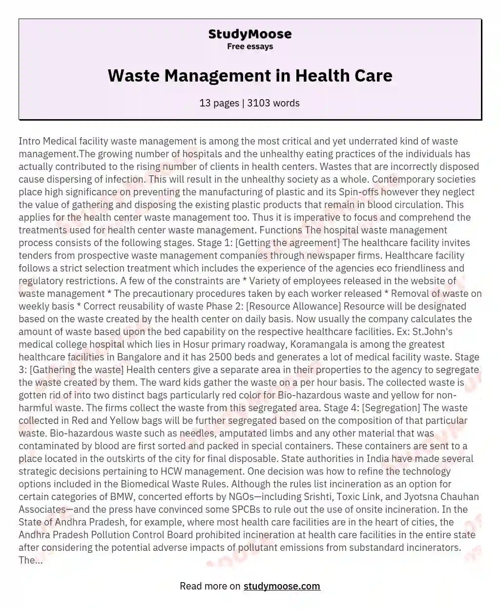 Waste Management in Health Care essay