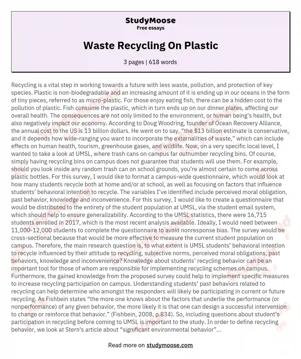 Waste Recycling On Plastic essay