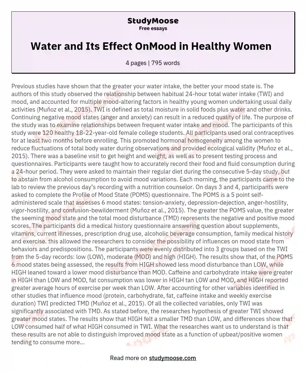 Water and Its Effect OnMood in Healthy Women   essay