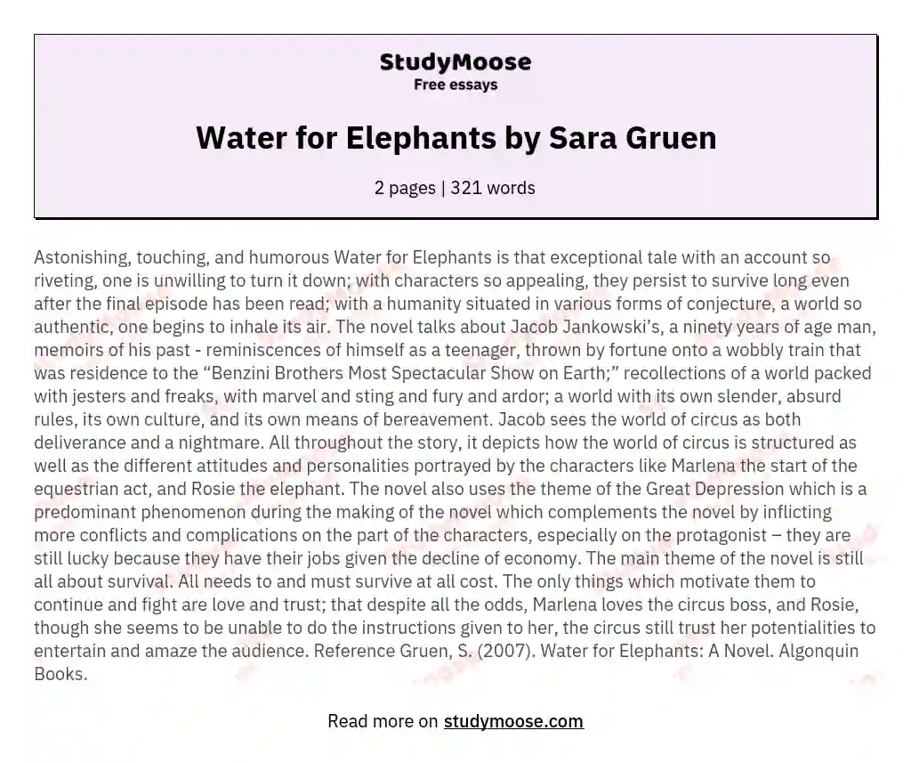 Water for Elephants by Sara Gruen essay