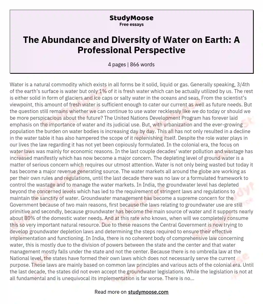 The Abundance and Diversity of Water on Earth: A Professional Perspective essay