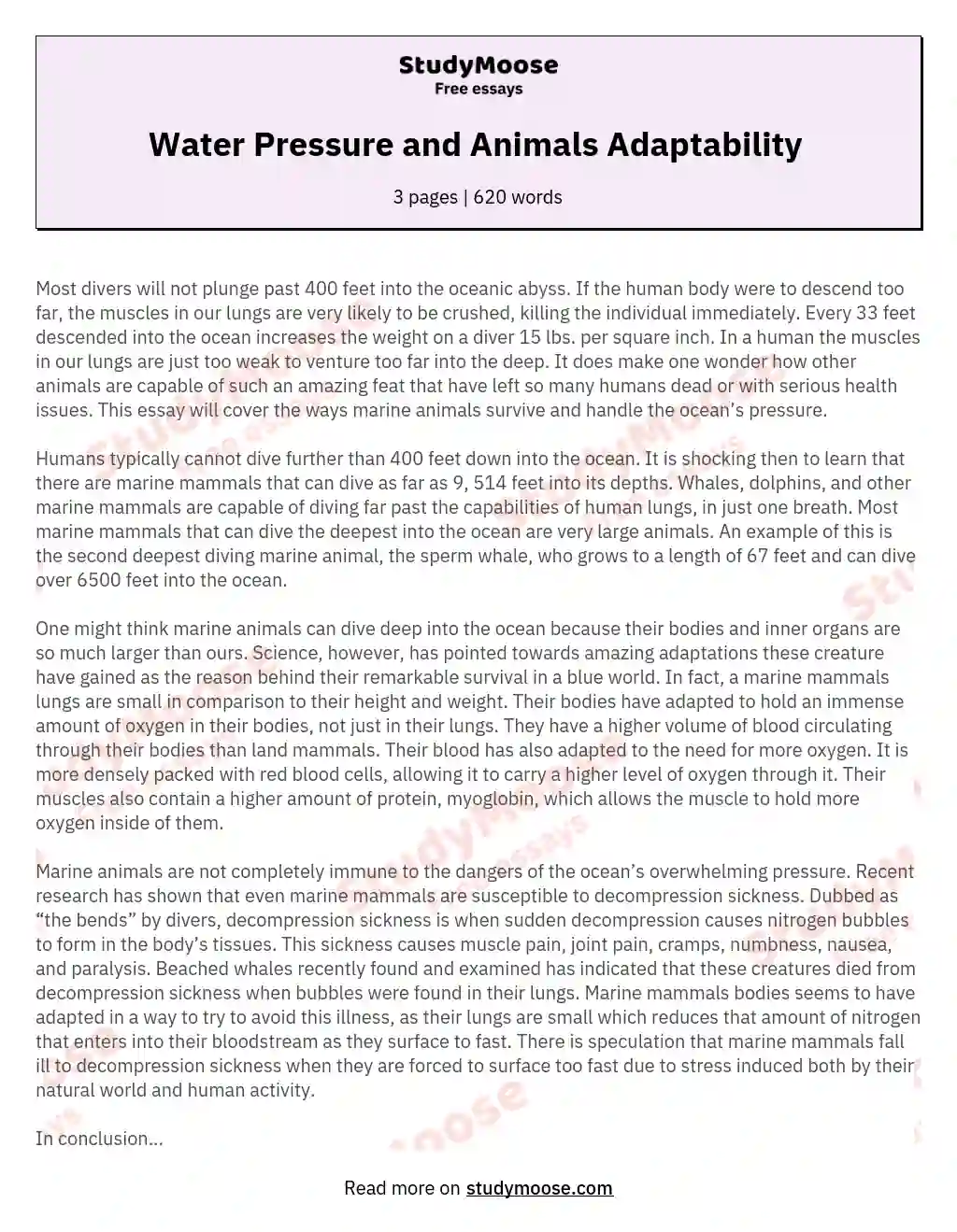 Water Pressure and Animals Adaptability  essay