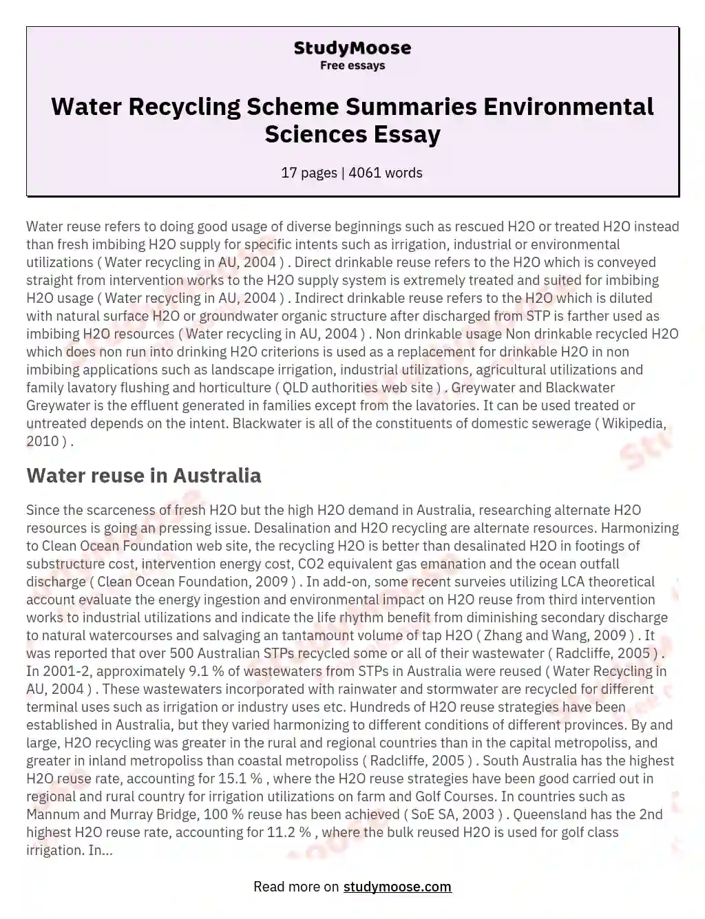 Water Recycling Scheme Summaries Environmental Sciences Essay essay