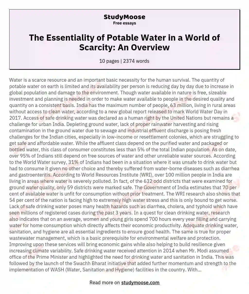 The Essentiality of Potable Water in a World of Scarcity: An Overview essay