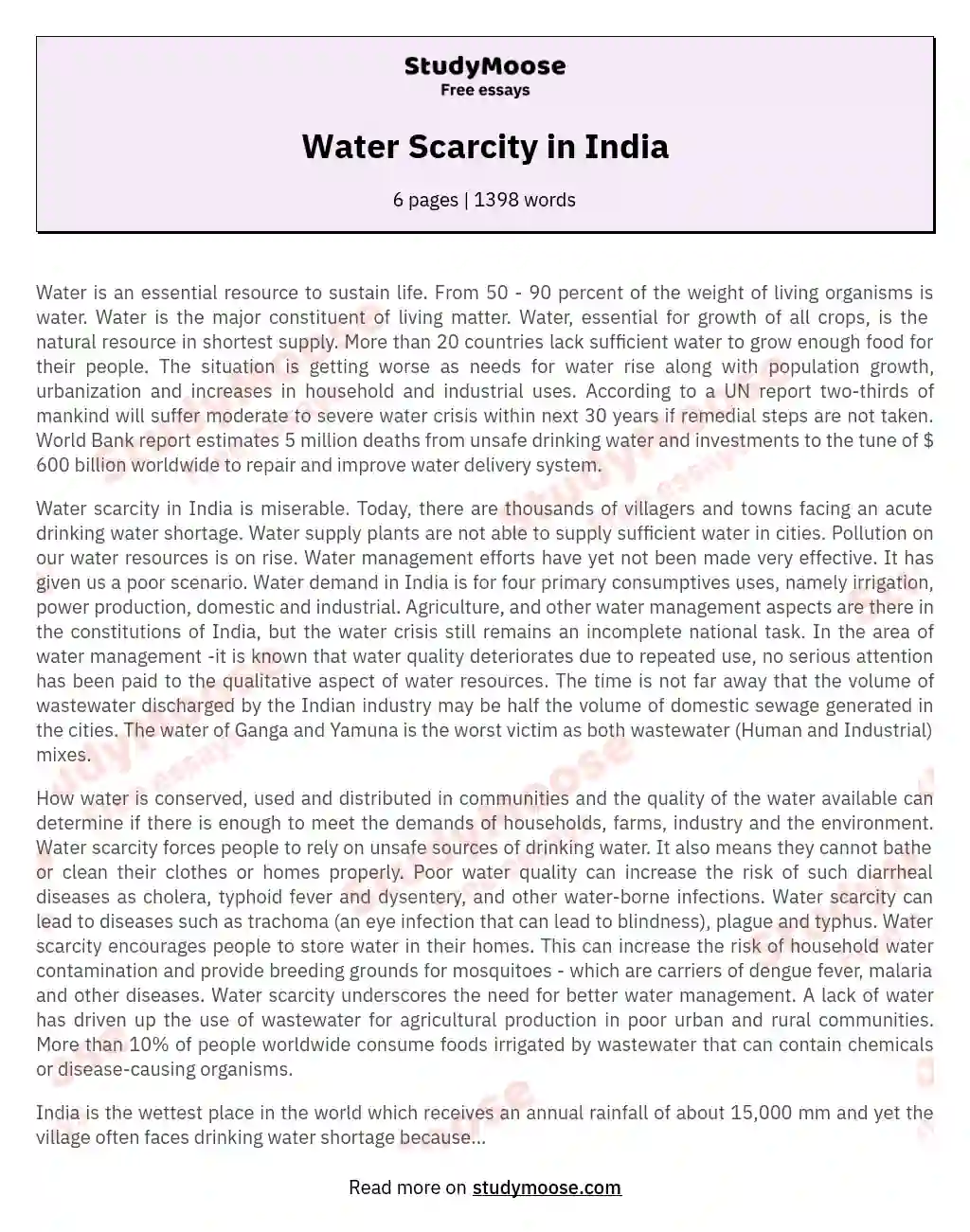 Water Scarcity in India essay