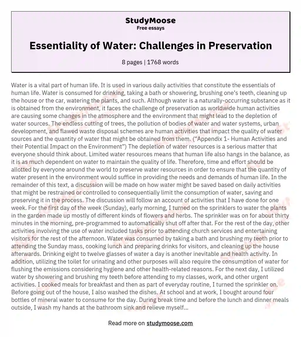 Essentiality of Water: Challenges in Preservation essay