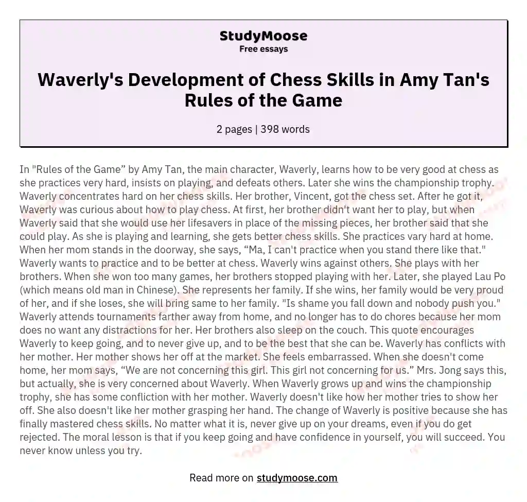Waverly's Development of Chess Skills in Amy Tan's Rules of the Game essay