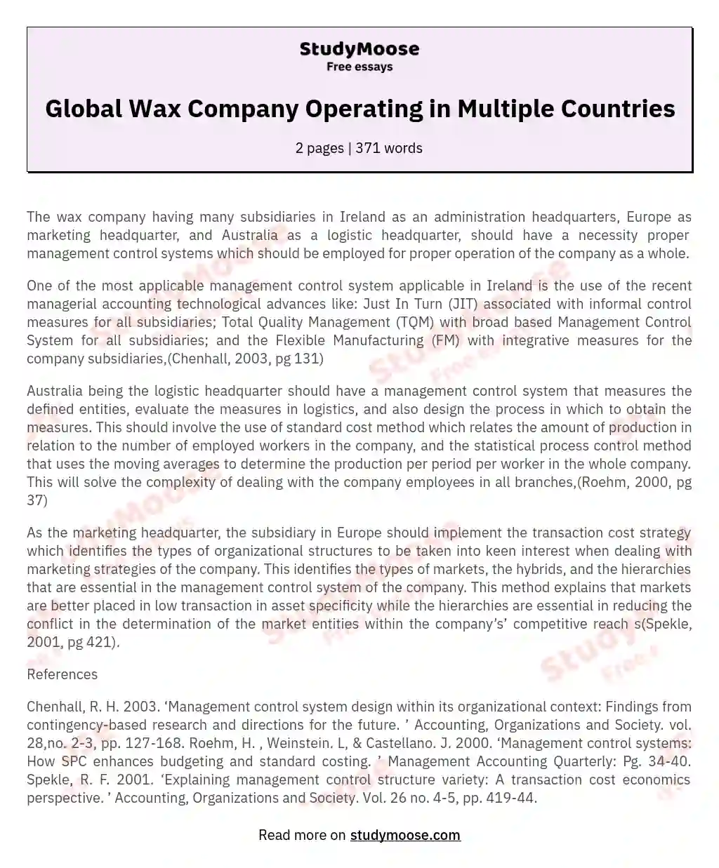 Global Wax Company Operating in Multiple Countries essay