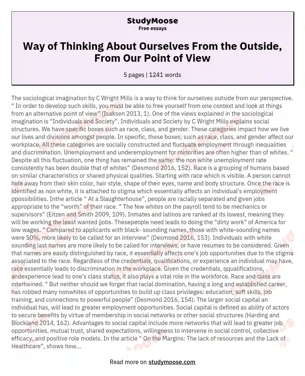Way of Thinking About Ourselves From the Outside, From Our Point of View essay