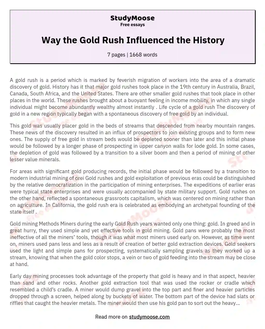 Way the Gold Rush Influenced the History essay