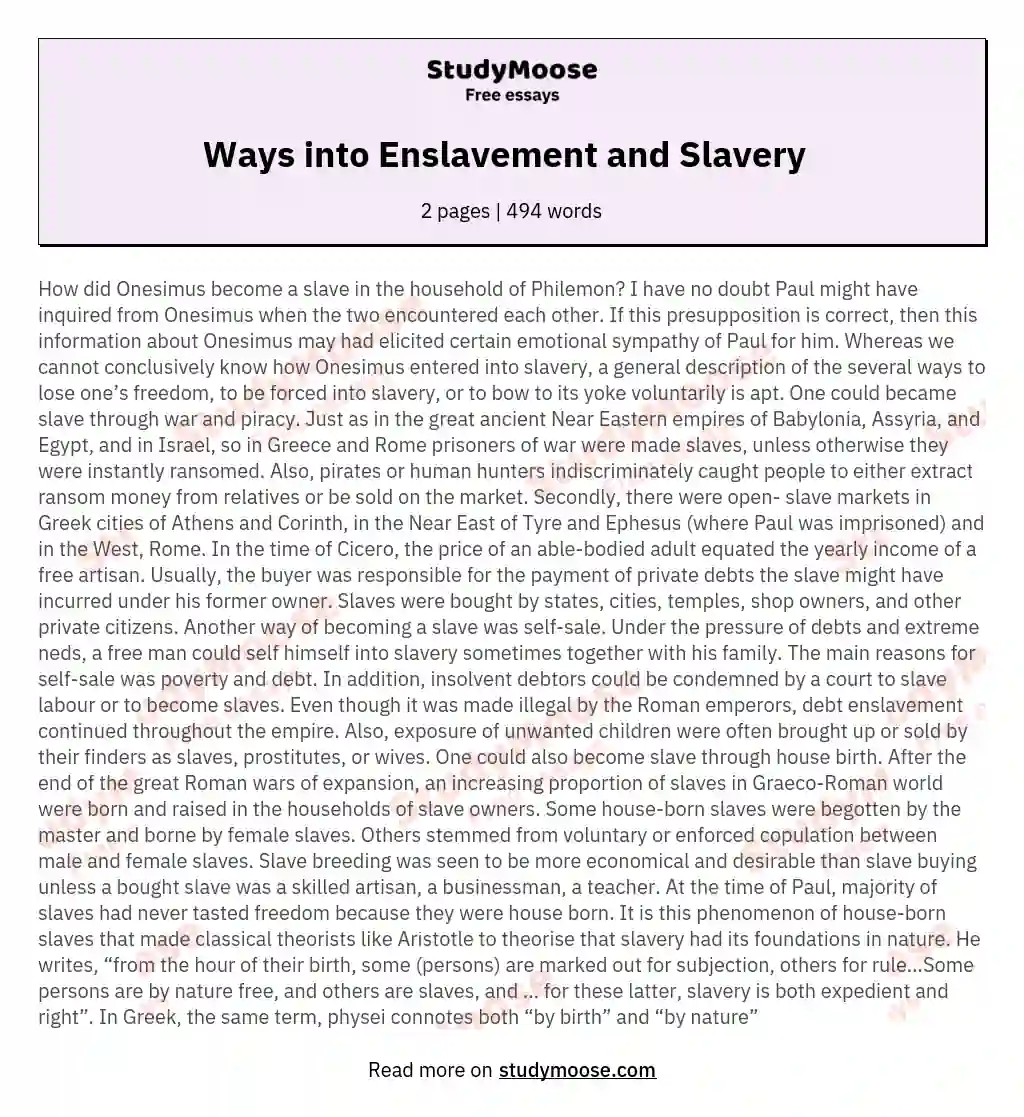 Ways into Enslavement and Slavery   essay
