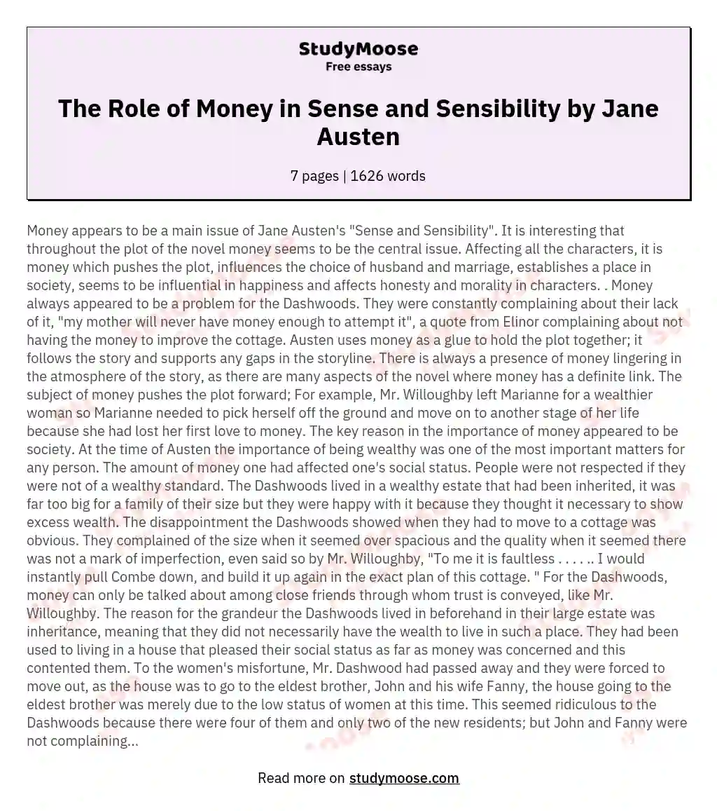 How and in What Ways does Jane Austen Show the Importance of Money in the Sense and Sensibility?
