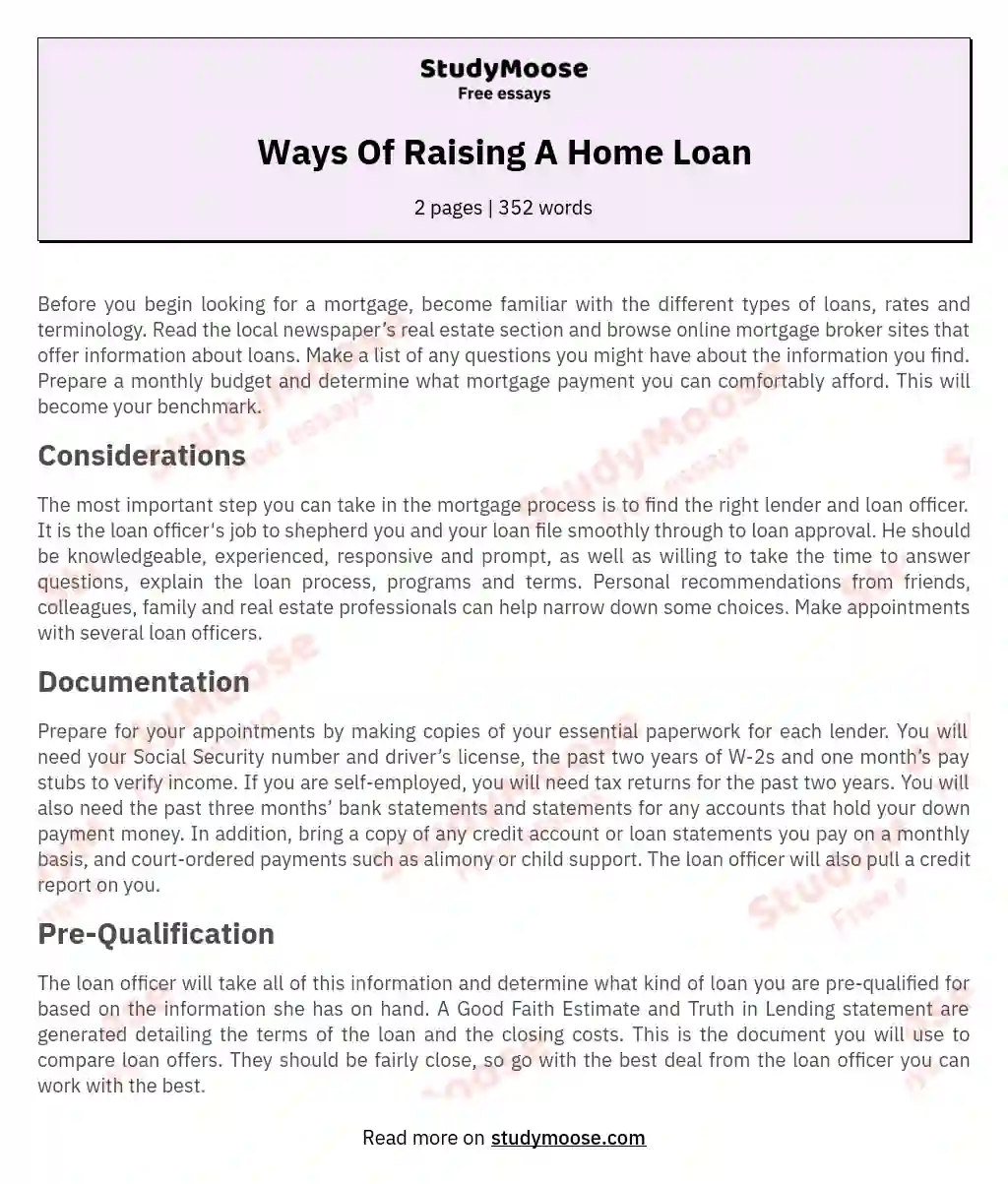 Ways Of Raising A Home Loan essay