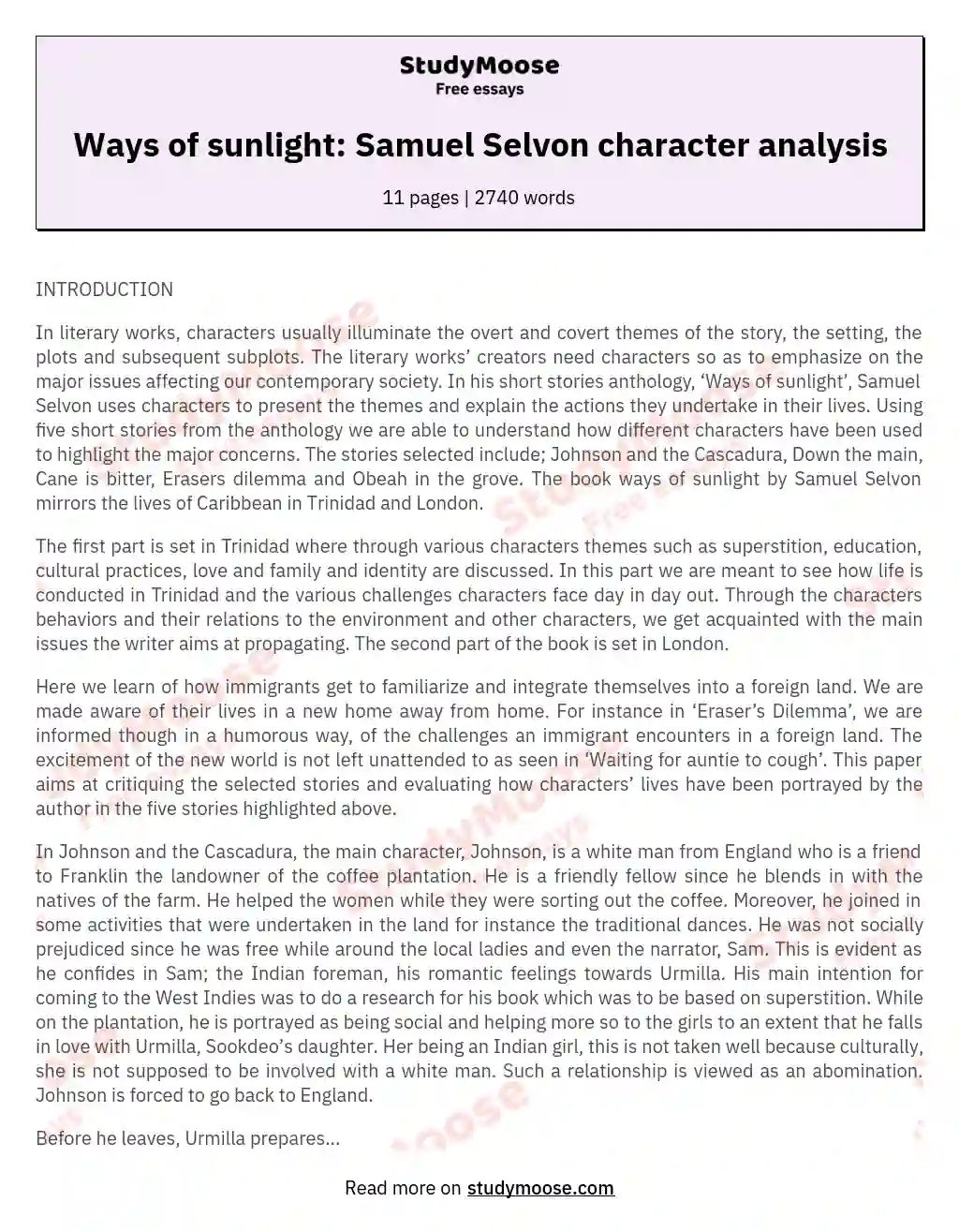 Ways of sunlight: Samuel Selvon character analysis essay