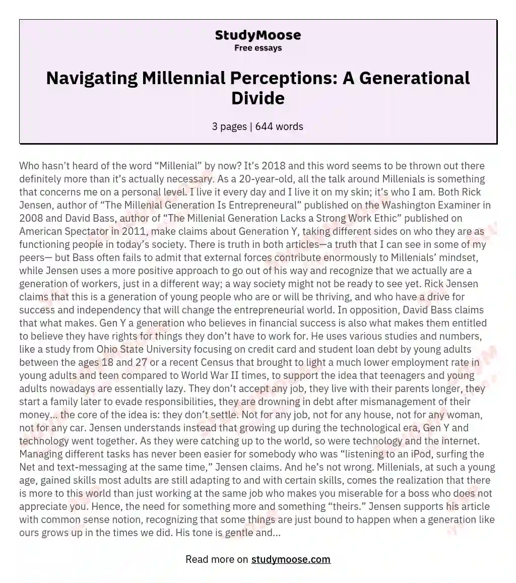 Navigating Millennial Perceptions: A Generational Divide essay