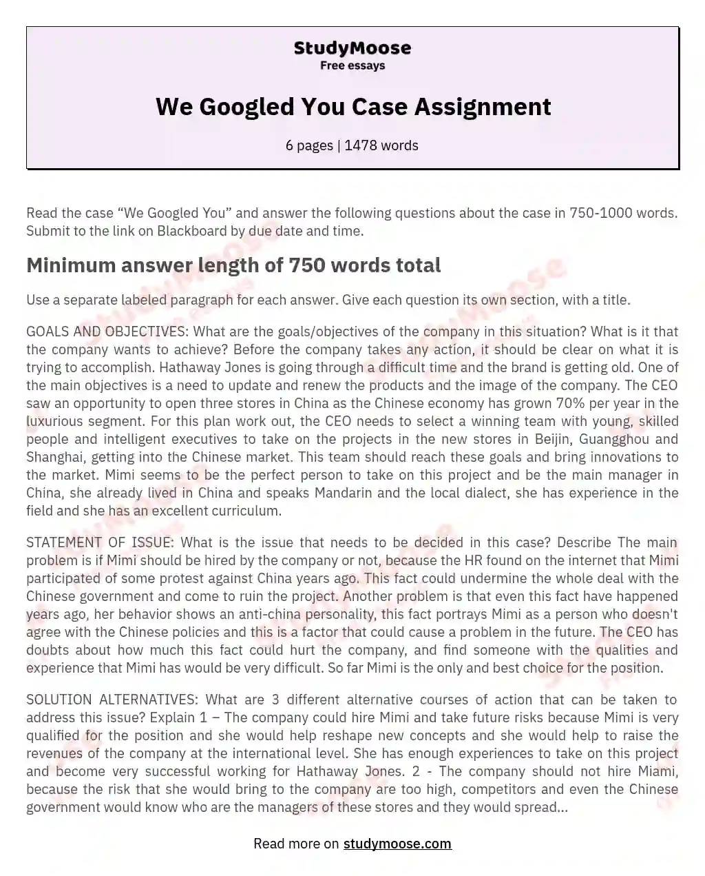 We Googled You Case Assignment essay