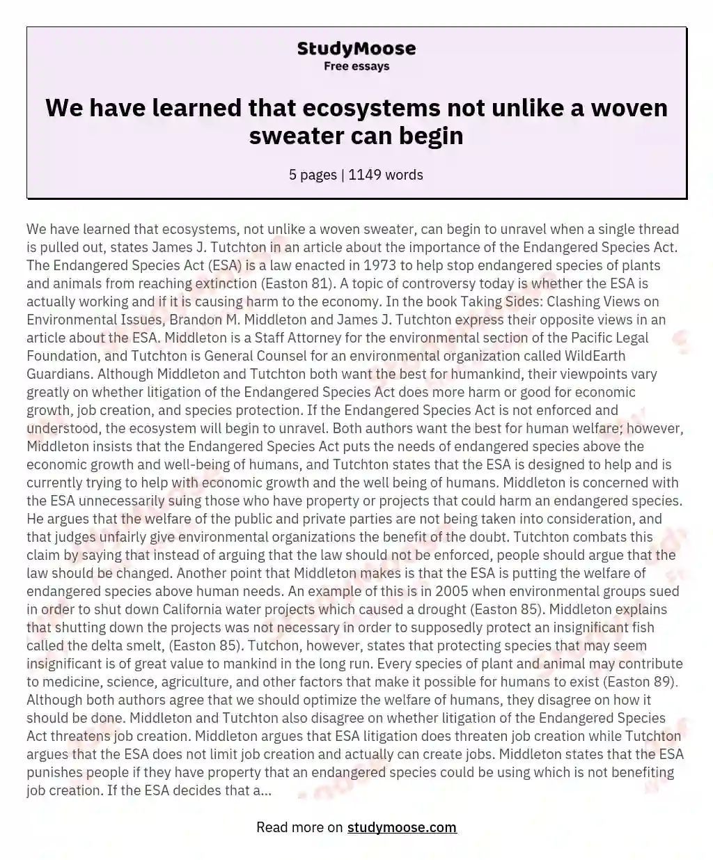 We have learned that ecosystems not unlike a woven sweater can begin essay
