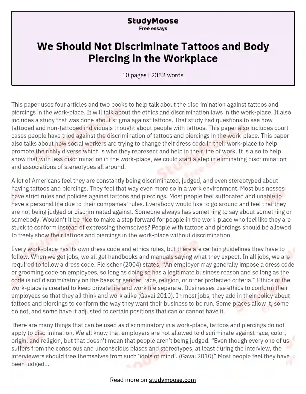 We Should Not Discriminate Tattoos and Body Piercing in the Workplace Free  Essay Example