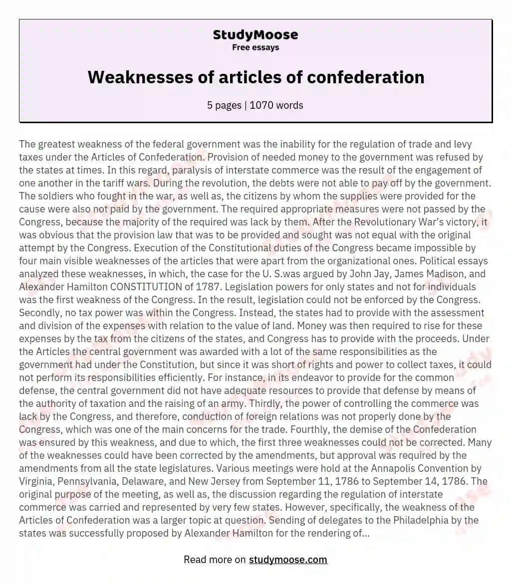 Weaknesses of articles of confederation essay