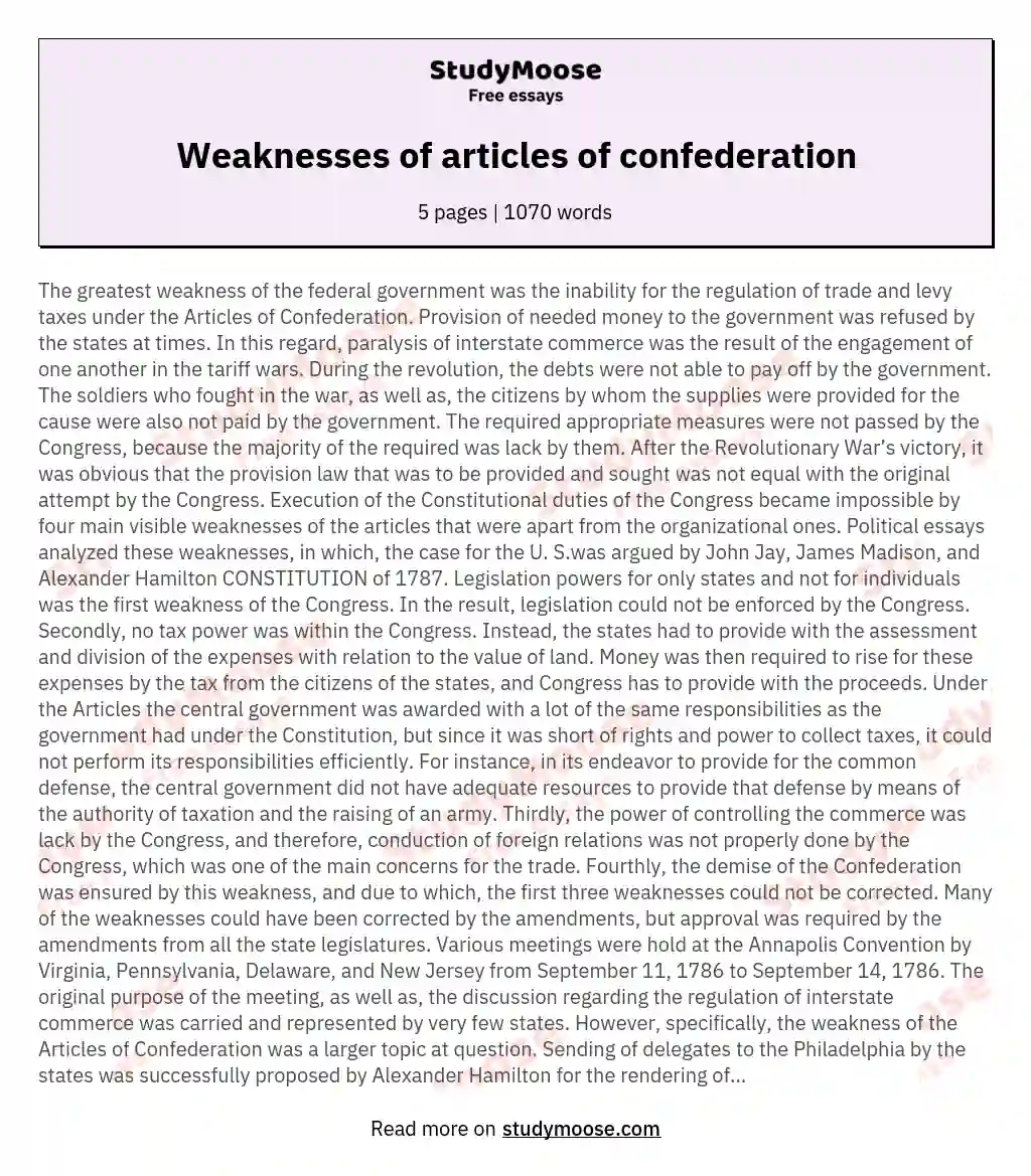 weaknesses of the articles of confederation essay