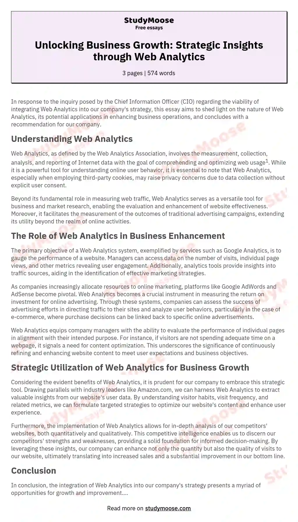 Unlocking Business Growth: Strategic Insights through Web Analytics essay