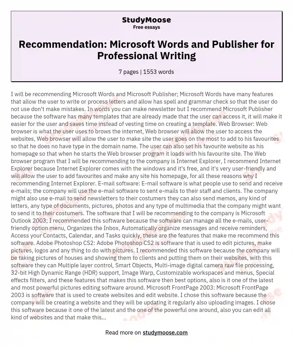 Recommendation: Microsoft Words and Publisher for Professional Writing essay
