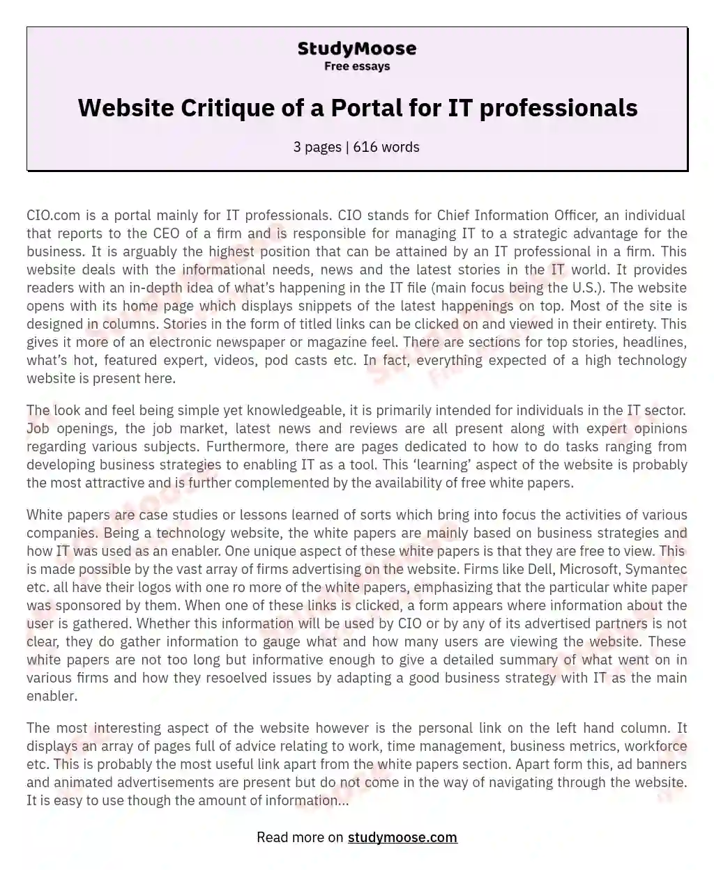 Website Critique of a Portal for IT professionals essay