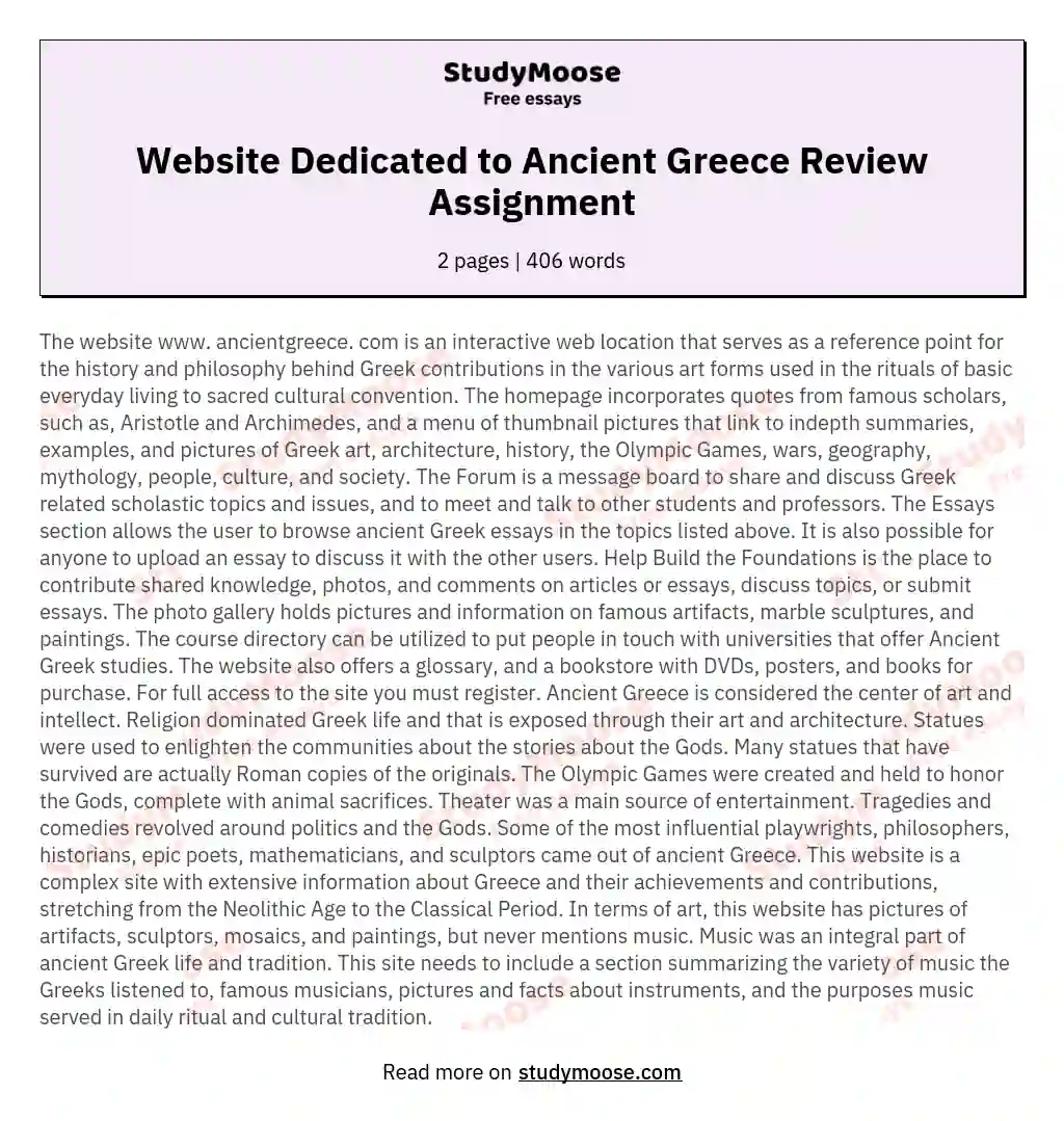 Website Dedicated to Ancient Greece Review Assignment essay