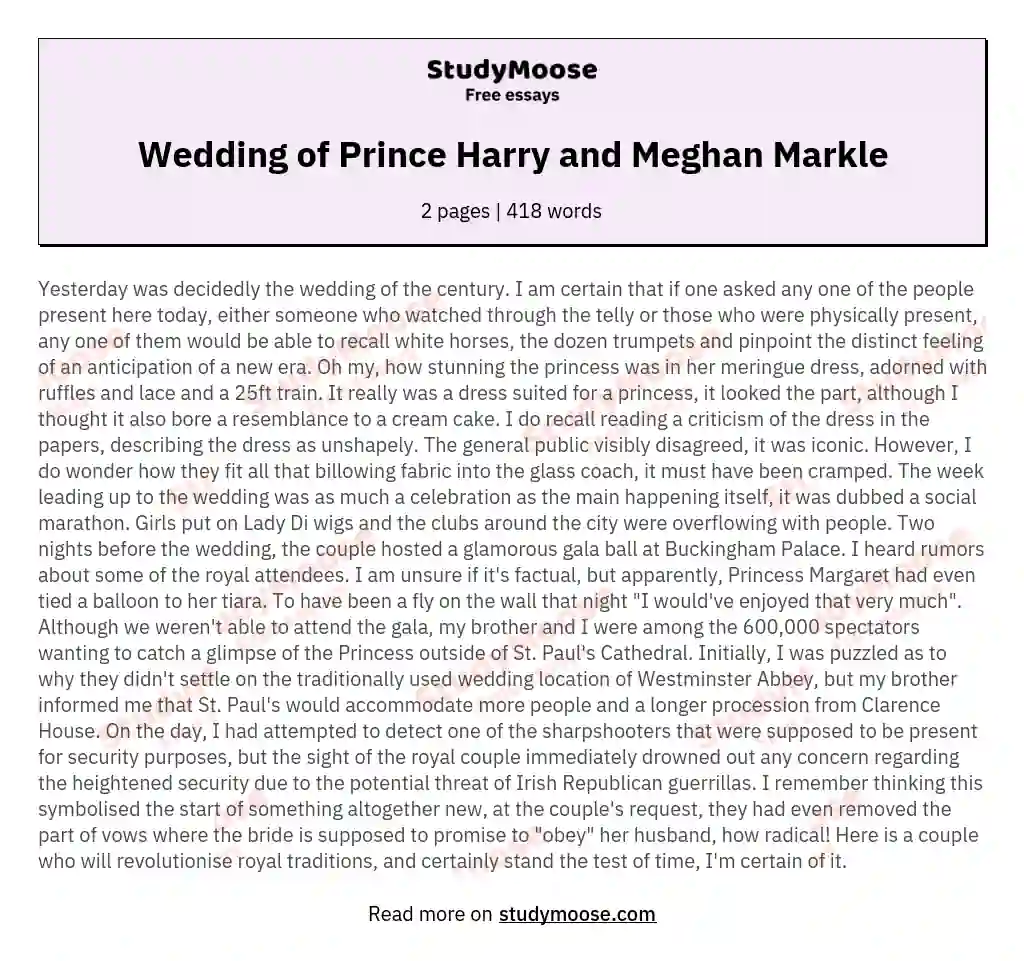 Wedding of Prince Harry and Meghan Markle essay