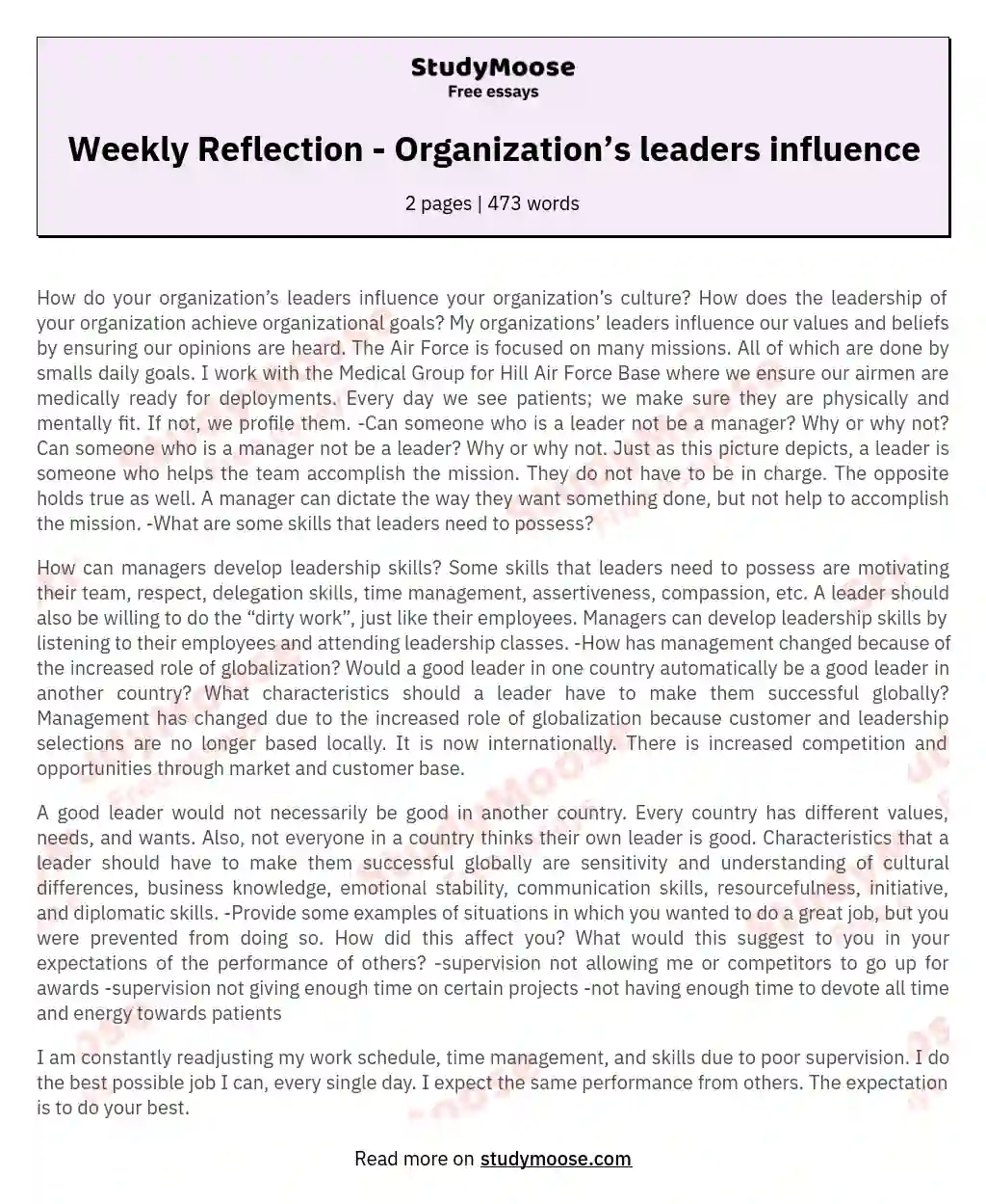 Weekly Reflection - Organization’s leaders influence essay