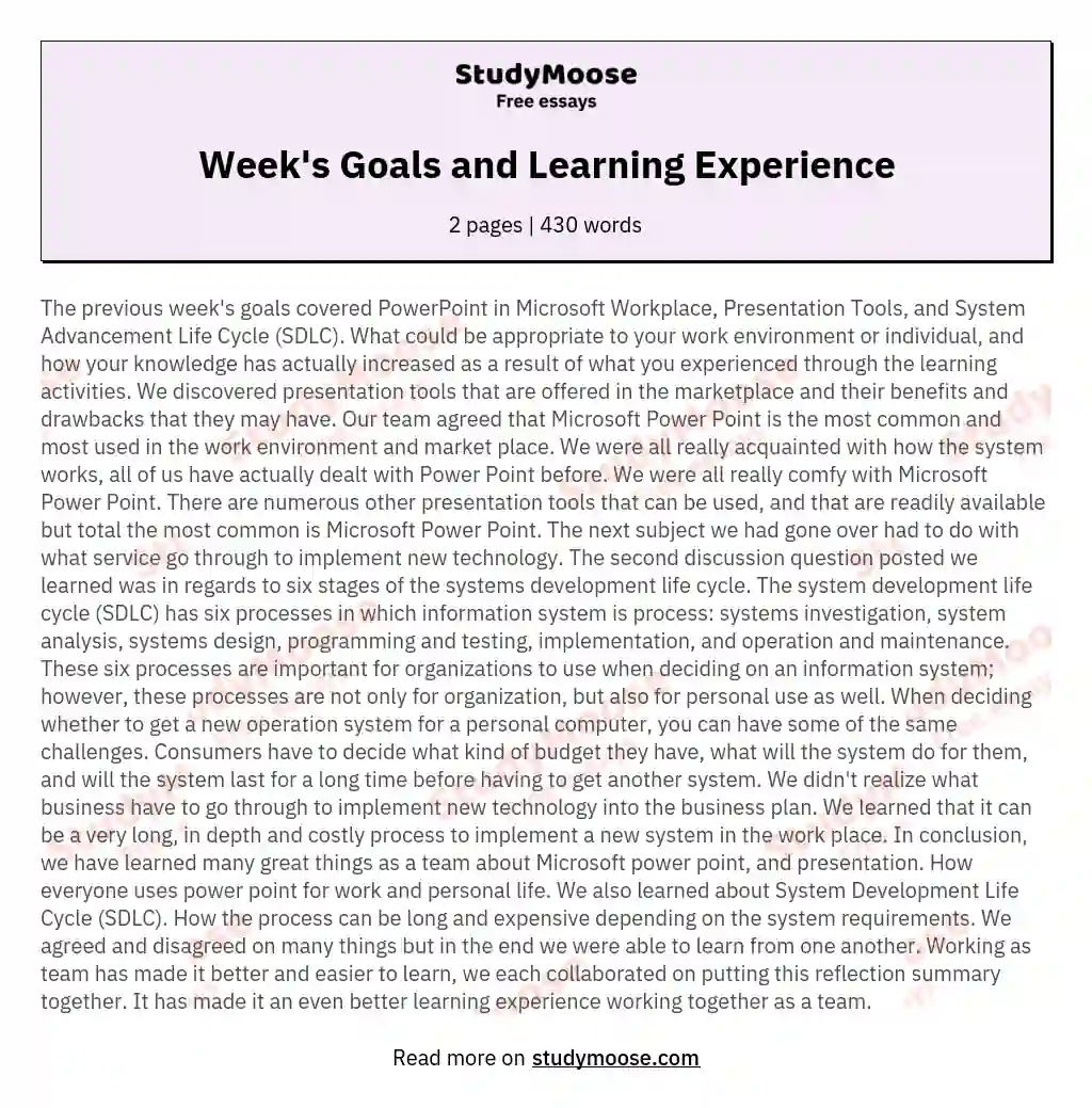 Week's Goals and Learning Experience essay