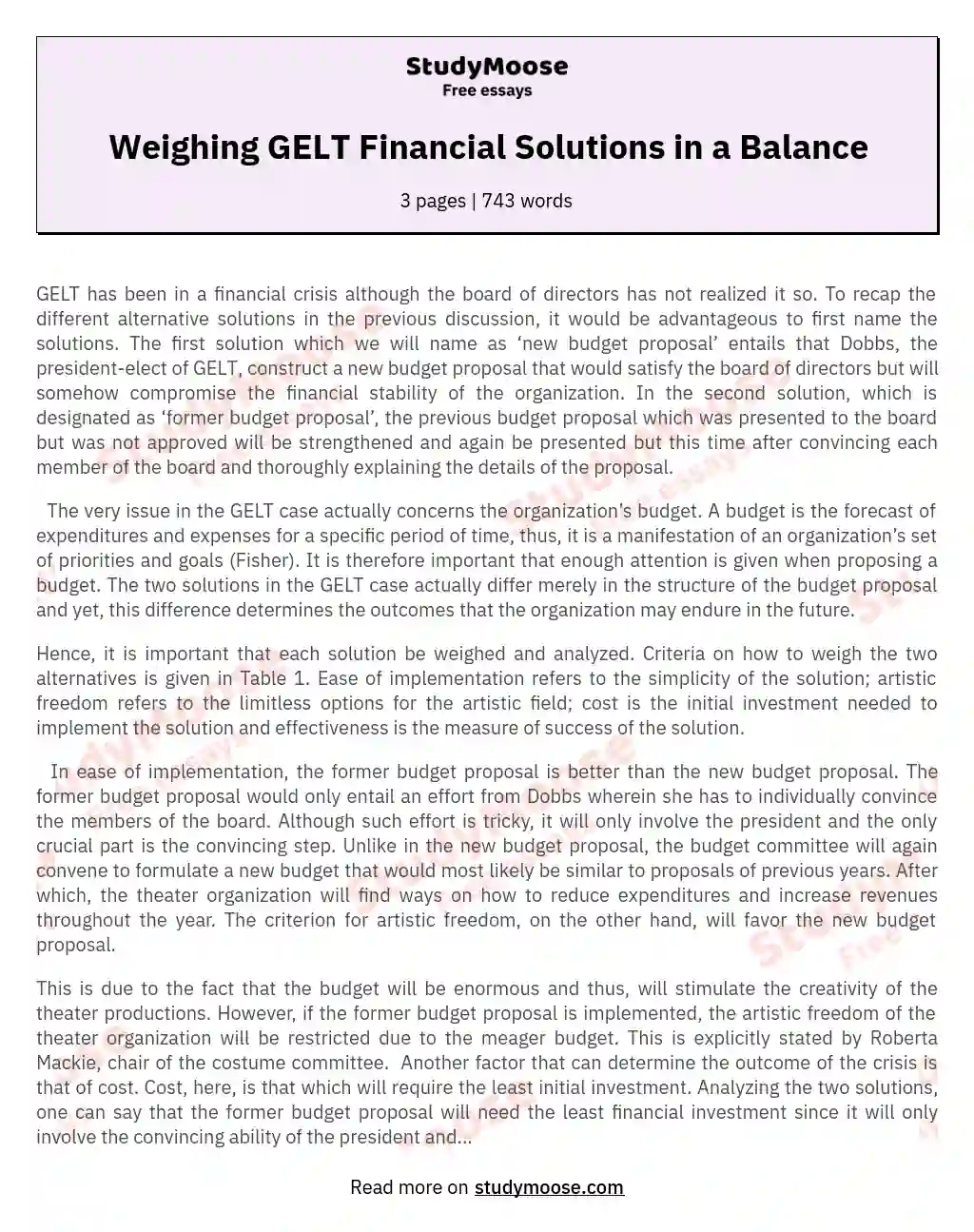 Weighing GELT Financial Solutions in a Balance essay