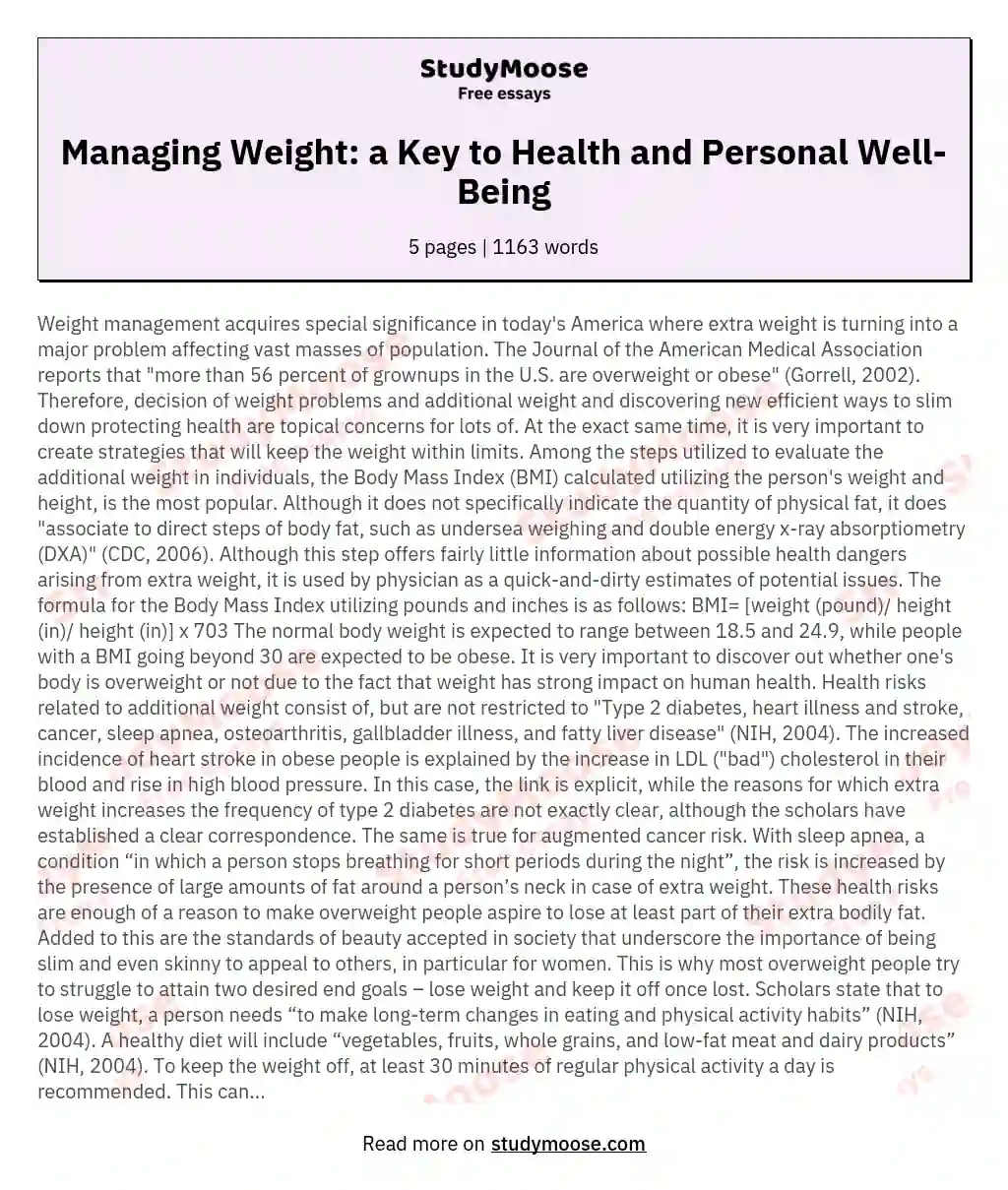 Managing Weight: a Key to Health and Personal Well-Being essay