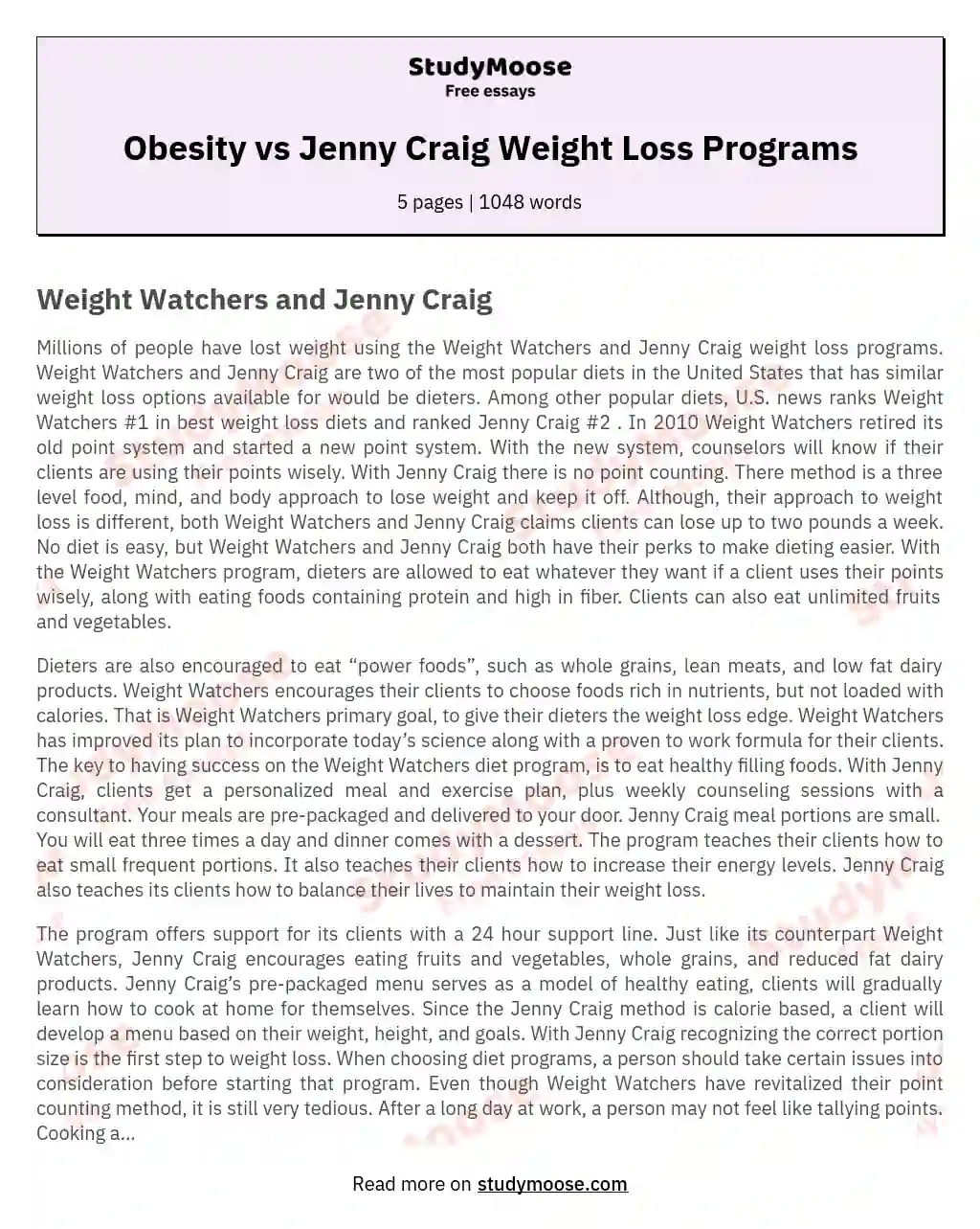 Obesity vs Jenny Craig Weight Loss Programs