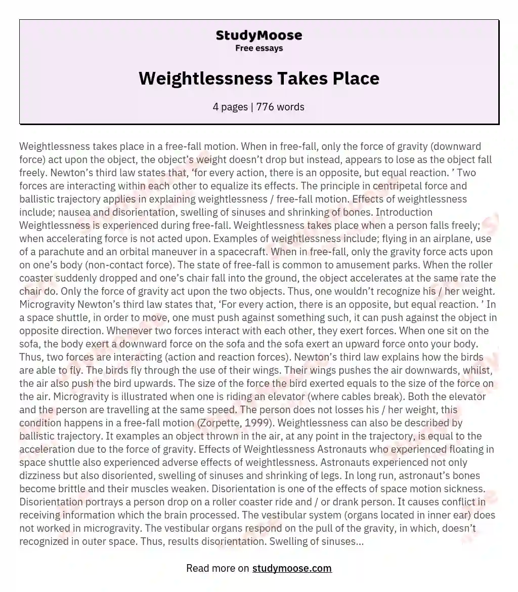 Weightlessness Takes Place essay