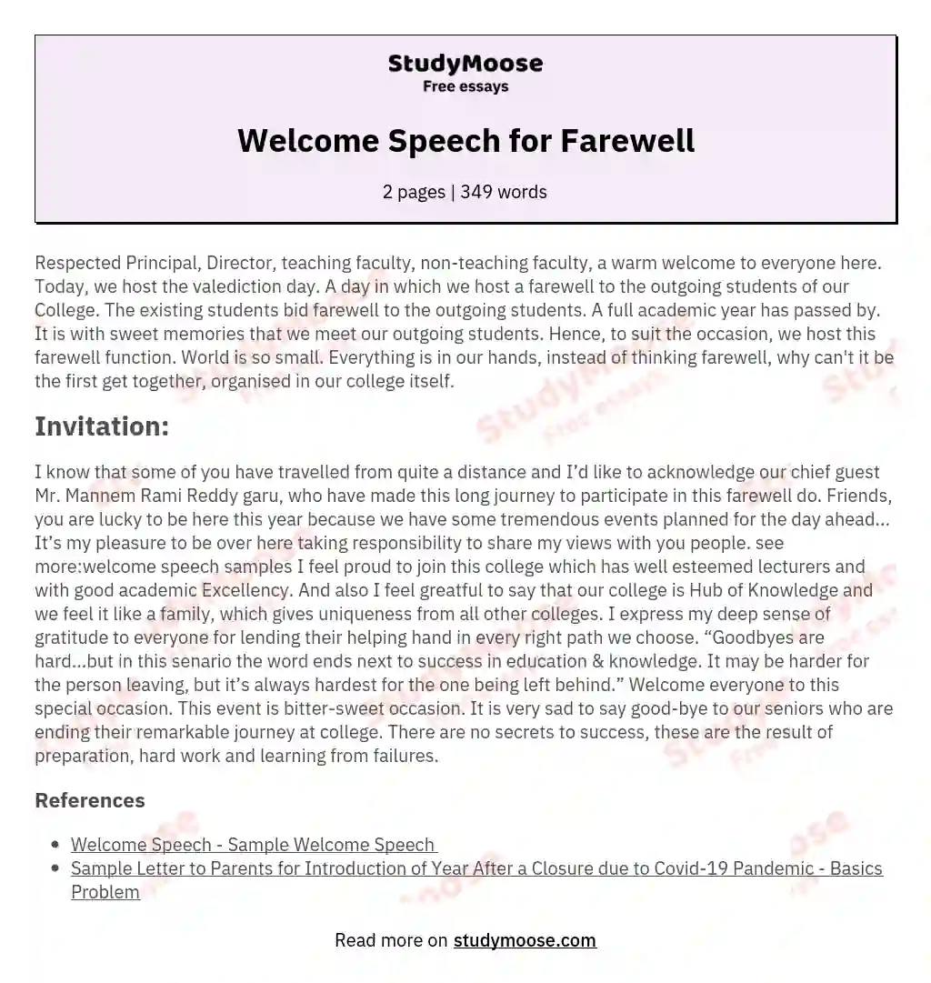 Welcome Speech for Farewell essay