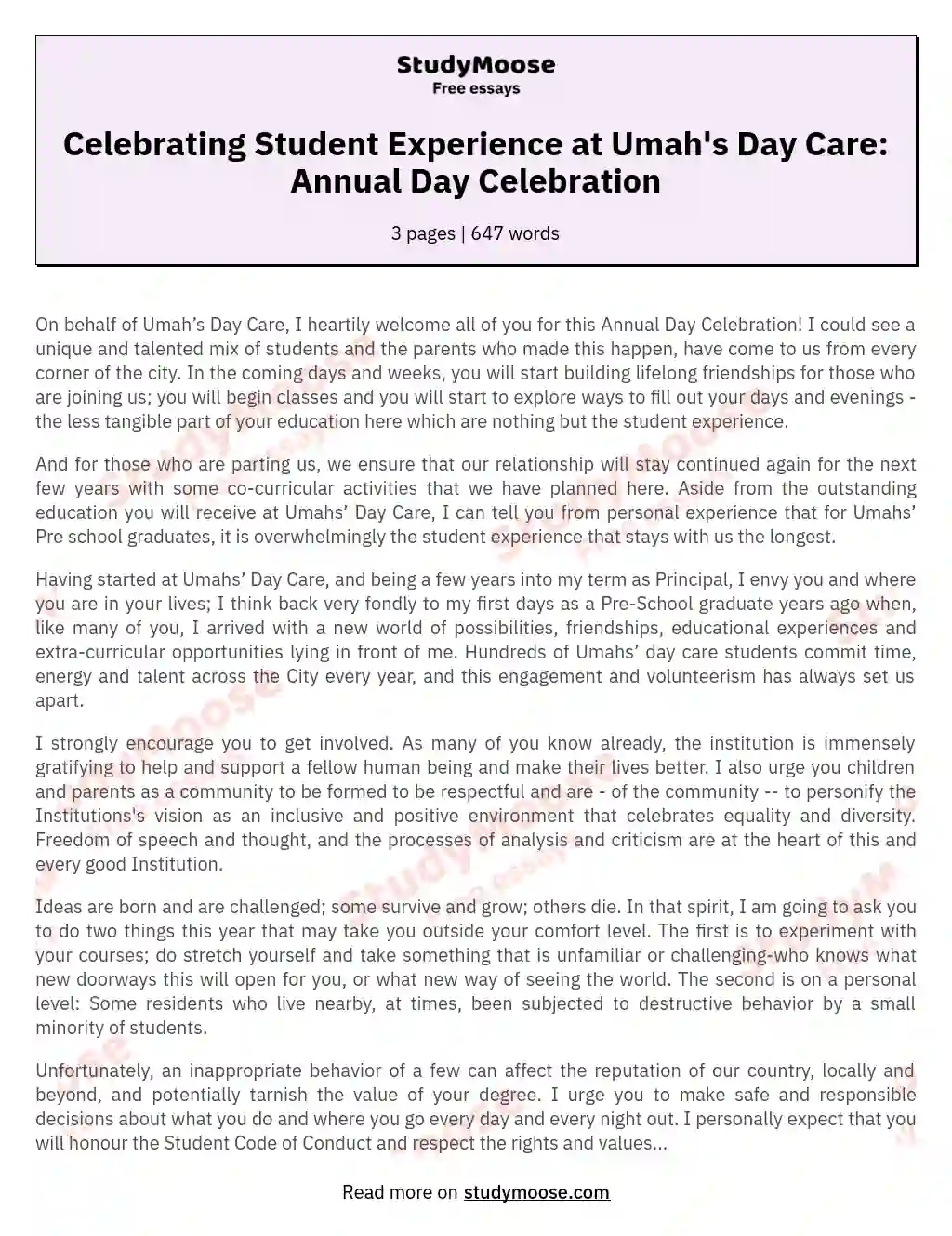 Celebrating Student Experience at Umah's Day Care: Annual Day Celebration essay