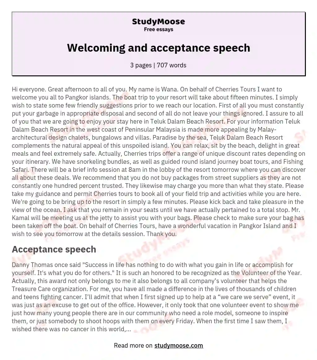Welcoming and acceptance speech